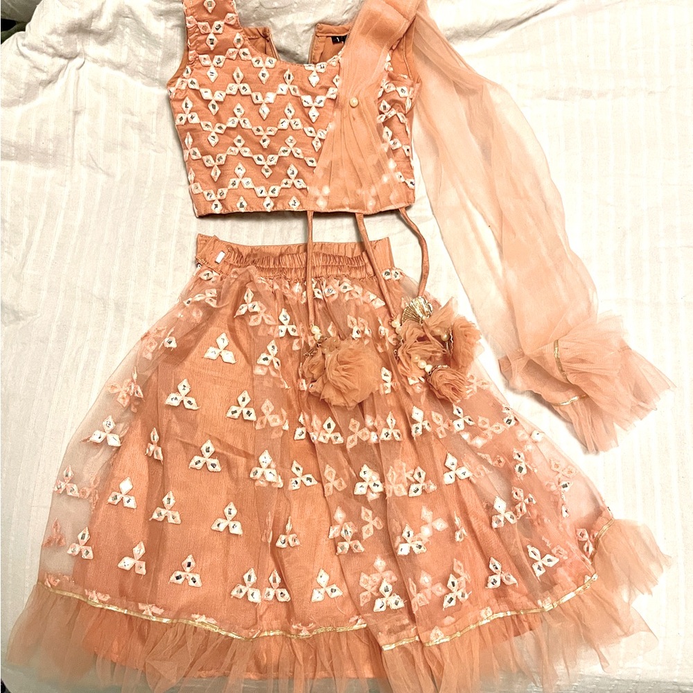 Little Muffet Rust Embroidered Top With Ghagra And Dupatta Attached size 1